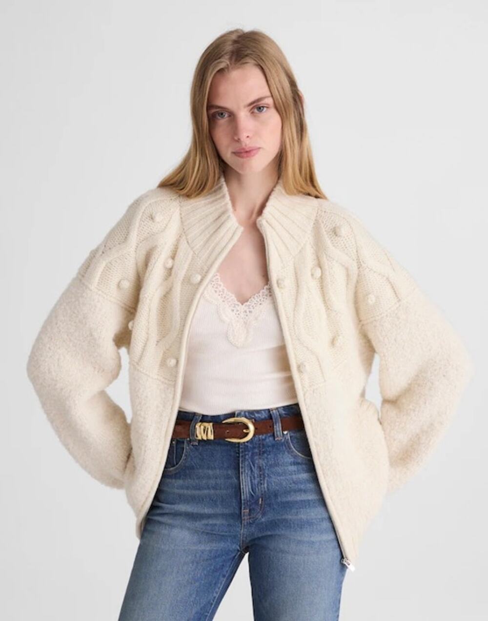 Madewell Zip-Front Mockneck Cardigan Ivory Wool Alpaca Combo Relaxed Medium NWT